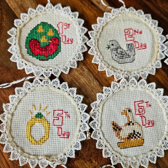 Vintage Cross Stitch Handmade Ornaments 12 Days of Christmas Complete Set Lace - Picture 2 of 5